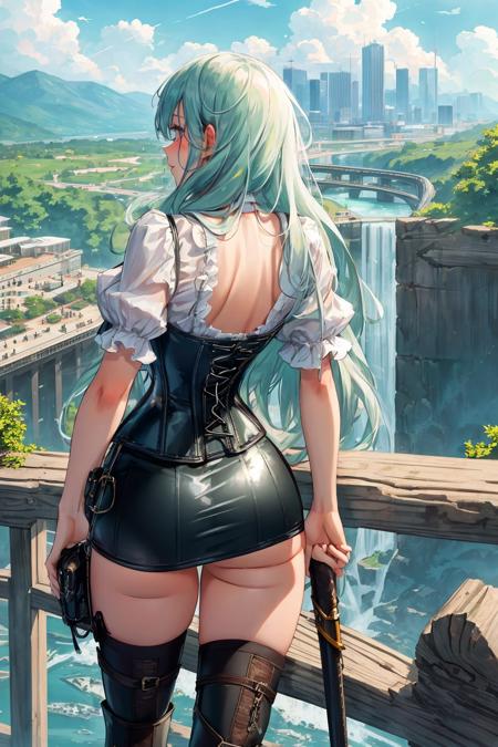 corset, <lora:Amazing-Corsets-V1:1>, cityscape, city, cloud, scenery, skyscraper, building, cloudy sky, sky, long hair, from behind, outdoors, bird, ruins, 1girl, sunlight, tower, facing away, city lights, green hair, water, sunbeam, light rays, bridge, post-apocalypse, tree, backpack, very long hair, lens flare, knee boots, mountain, river, waterfall, white hair, solo, weapon, skyline, rainbow, neon trim