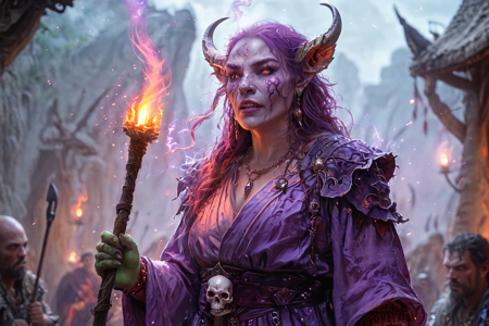 bioluminescent, an orc shaman with green skin, wearing a robe with bone jewelry, holding a staff with a skull, solo, from the Gorehowl Clan, with blood-red armor and howling wolf symbols, an orc war council in a large tent, with maps, weapons, orcs debating, detailed background, hunting a beast, aiming a bow, sneaky, sly grin, portrait focus, close-up shot, a beast taming ritual with orcs taming worgs, whips cracking, crowds watching, a heavy warhammer with a spiked head, nearby, on a cliff edge, rocky surface, misty, light fog, damp air, soft light, evening, orange and purple sky, cooling air, soft light, best quality, vibrant colors, photorealistic style, high detail, high-definition, hyper-realistic, extremely high-resolution details, fine texture, incredibly lifelike, realistic, not cartoon, not drawing, highres, 4K resolution, source photo, realistic photo, masterpiece, best quality, amazing quality, very aesthetic, ultra-detailed, detailed textures, natural lighting, soft lighting, battleworn tones, muted reds, grays, blacks, dusk light, deep orange and purple glow, low angle shot, looking up, <lora:Mystic_Lumina_r1-000007:0.9>