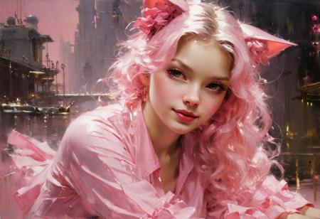 pink catgirl, masterpiece, award wining, trending, , high quality, delicate, oil painting, by Jeremy Mann, Pino Daeni