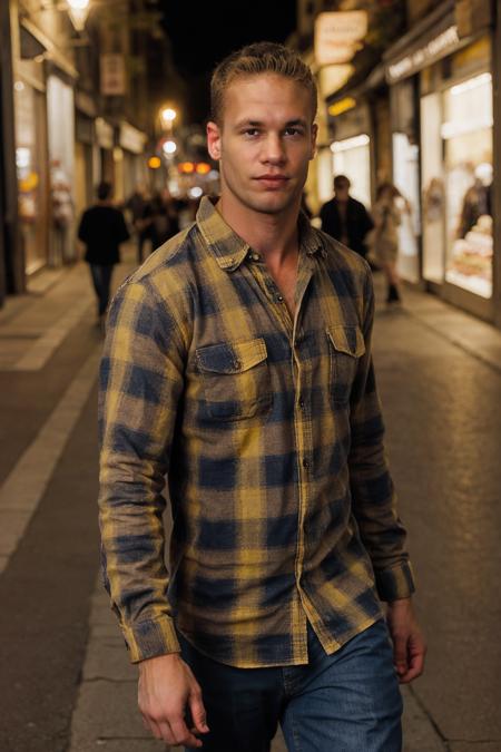 RAW Photo, photo of man matthew_rush at night wearing plaid shirt with blond hair walking down a barcelona street, rim lighting <lora:matthew_rush-03:1>, brightly lit, natural lit, detailed