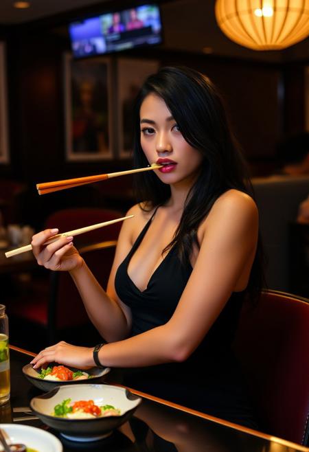 Latina Girl eating sushi in a restaurant, with black tight dress