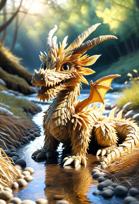 A cute, joyful, straw dragon sits on the bank of a stream in a thatched forest. The camera captures a close-up of his sparkling innocent eyes. Sunlight dances around him, emphasizing the complex texture of his fur. The background remains softly blurred to maintain focus, and the warm color palette enhances the fantastical mood, inviting the viewer into this enchanted scene.