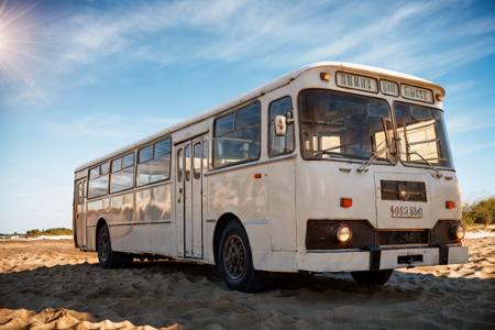 photo RAW,((wide-angle 17mm),gel40bo, (USA,Florida:1.3),luxory premium White color bus parking on ocean sand beach,blue sky,sunrays,(bokeh:1.3) <lora:gelios40bokeh_v2:0.5> <lora:liaz677:0.75>, dusty atmospheric haze, high quality textures of materials, volumetric textures, coating textures, metal textures, (natural colors, correct white balance, color correction, dehaze,clarity)), masterpiece, award winning photography, natural light, perfect composition, high detail, hyper realistic,lens flare,Timeless Elegance, Classic Tones, Refined Lighting, depth of field,sharp focus, dark theme <lora:lowra_v10:0.06>, in the style of intimacy, dreamscape portraiture,  solarization, shiny kitsch pop art, solarization effect, reflections and mirroring, photobash