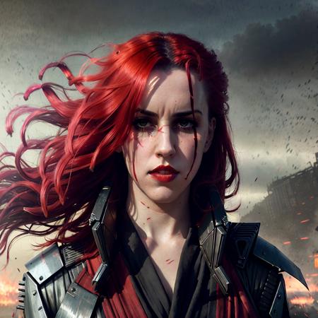 <lyco:emilyKavanaugh:1.3>, a bust shot portrait of sks woman with red hair and red lips wearing high tech (intricate assassin robes), dynamic hair blowing in wind, futuristic mechwarrior battle raging in the background, <lora:lovecraftstyle-000007:0.5>, Greg Rutkowski, photorealistic, masterpiece