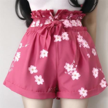 <lora:cuteshorts4:1.0>, (cuteshorts:1.0),  woman wearing, below waist, cherry blossoms, fan, hair ribbon, hat, long hair, ribbon