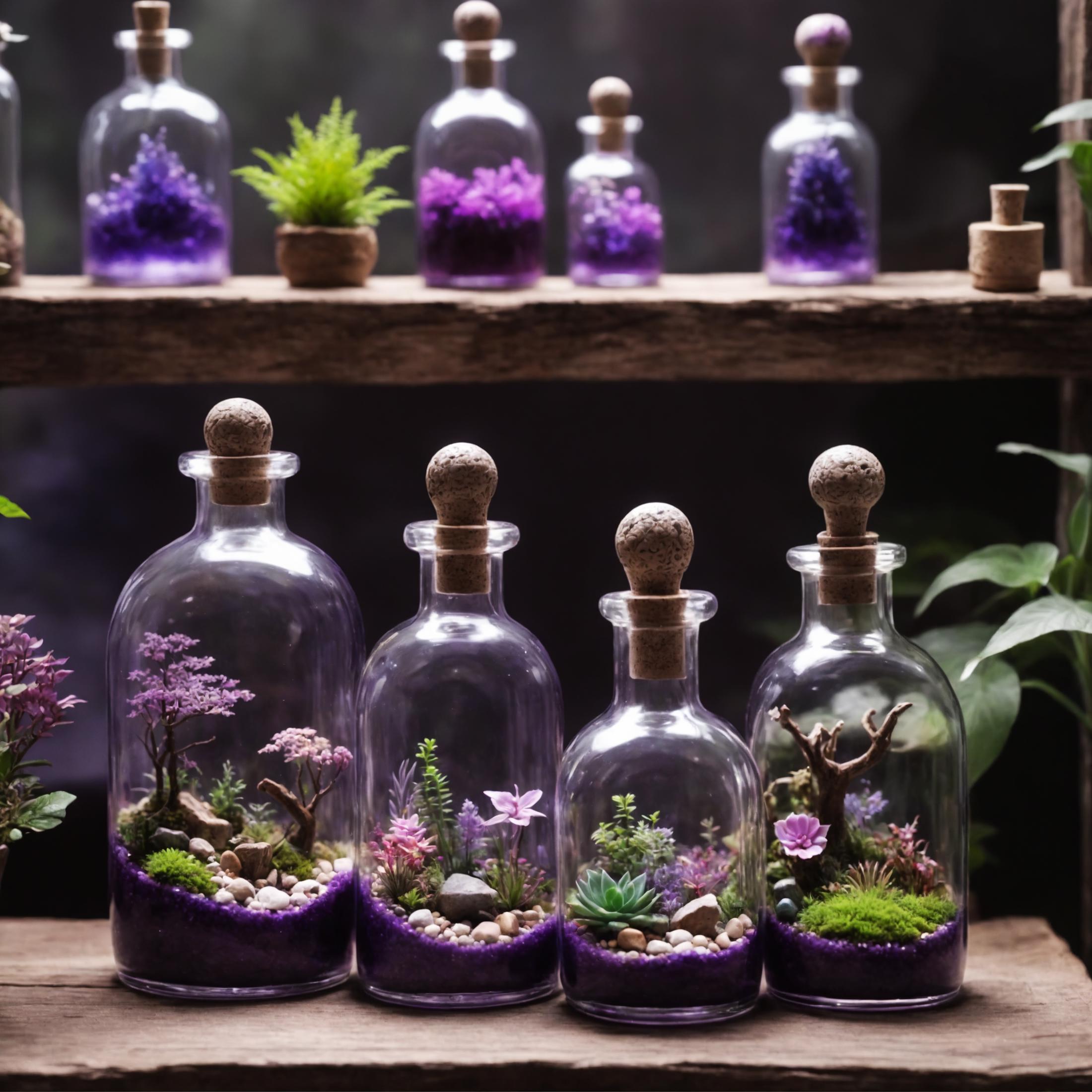 Display of five purple glass vases on a wooden shelf containing small plants and rocks.