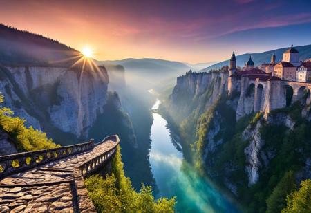 towers ringed in mist, sunrays, mixed media, surrealism, fantasy, great lighting, vibrant colors, dramatic perspective, A surreal landscape highly detailed, extremely high-resolution details, appears trapped in an optical illusion of reflections and refractions colorful, Zhangjiajie mountains,  Vienna in contemporary Austria, stone bridges, winding rivers extending to the horizon, professional photography, natural lighting, volumetric lighting maximalist. vivid, vibrant colors, intricately detailed, complex, elegant, expansive, fantastical, film photography style, medium grain, cmnt
 (8k uhd:1,4)