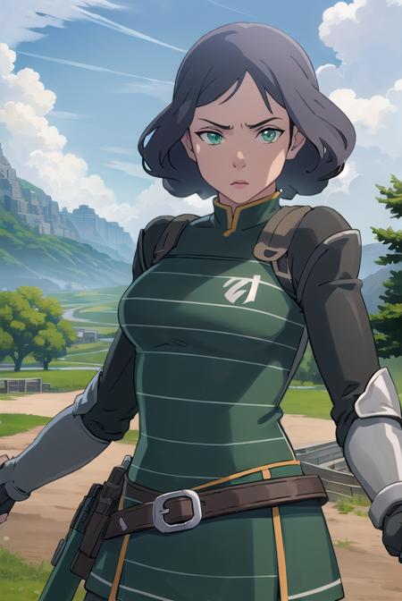 avatarlin, <lora:avatar lin-lora-nochekaiser:1>,
lin, short hair, grey hair, (green eyes:1.5),
BREAK gloves, boots, belt, fingerless gloves, armor, breastplate, greaves,
BREAK outdoors, forest, nature, grass, trees, sun, sky, clouds,
BREAK looking at viewer, (cowboy shot:1.5),
BREAK <lyco:GoodHands-beta2:1>, (masterpiece:1.2), best quality, high resolution, unity 8k wallpaper, (illustration:0.8), (beautiful detailed eyes:1.6), extremely detailed face, perfect lighting, extremely detailed CG, (perfect hands, perfect anatomy),