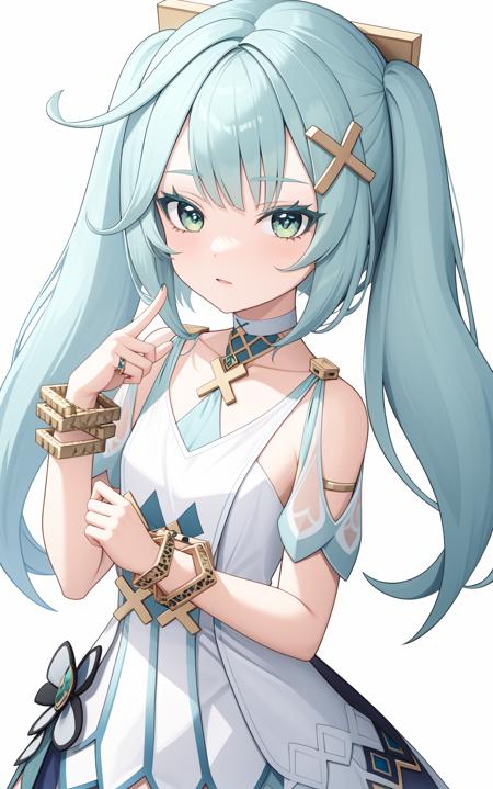 falushan, twintails, long hair, hair ornament, x hair ornament, aqua hair, bangs, dress, green eyes, jewelry, white dress, bracelet, short sleeves, symbol-shaped pupils