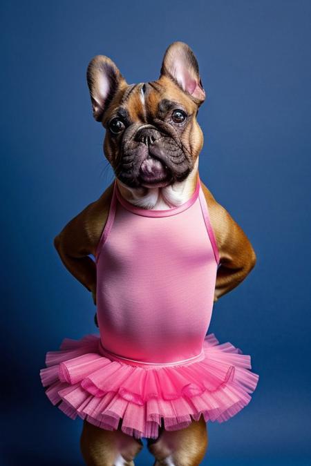 score_9, score_8_up, score_7_up, score_6_up, ((french bulldog)), drooling, standing on two paws, wearing a cute pink dance tutu, pink leotard, gracefull, minimalist background, spotlight, dark background, bright light, (striking a dancing pose),
masterpiece, high resolution 4K,