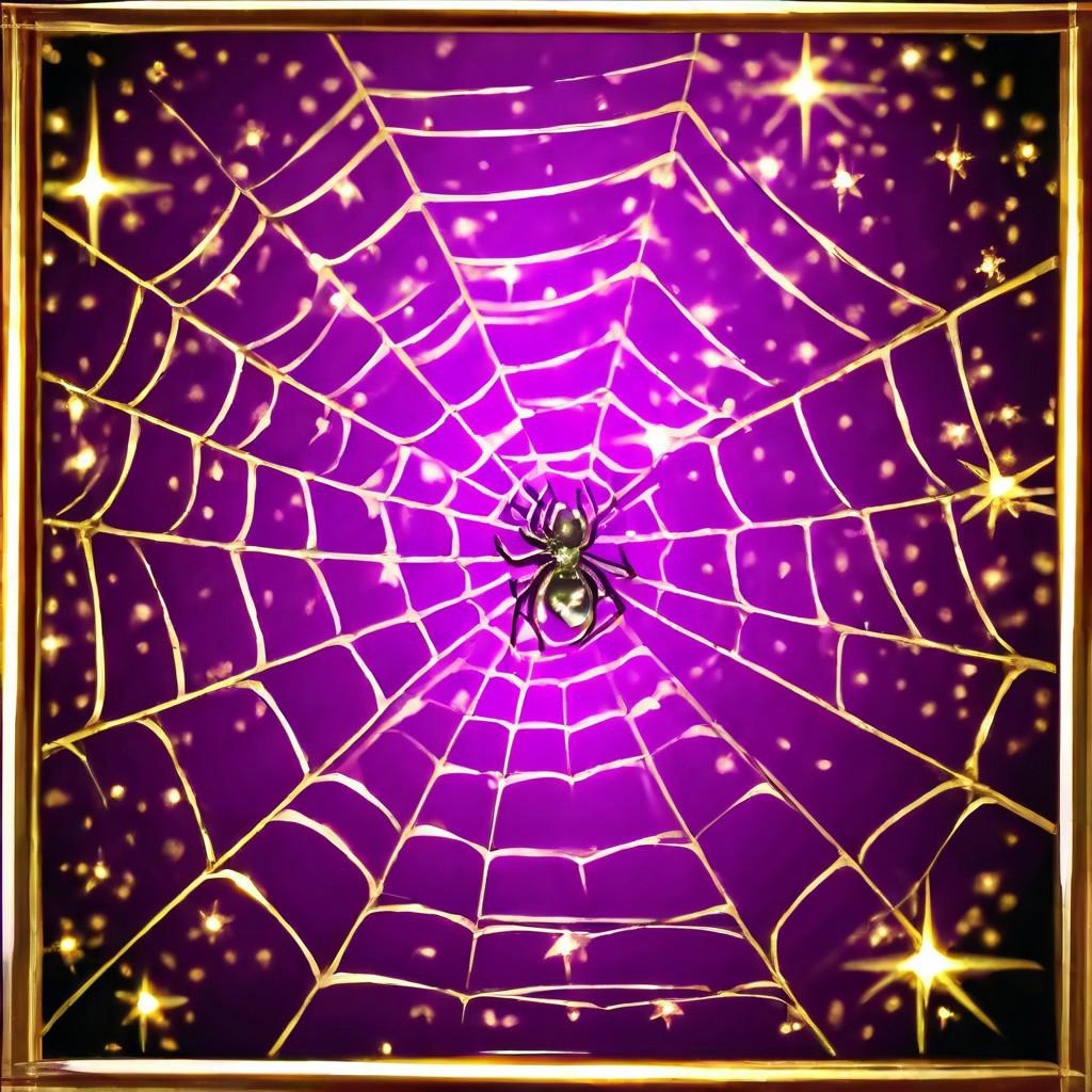 Black to purpure gradient background, golden frame, undead style (close-up: 1.6) spider web, sparks, golden stars, magic, casting spell