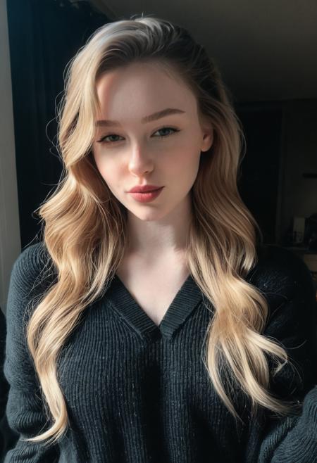 instagram photo, photo of 23 y.o Chloe in black sweater, cleavage, pale skin, (smile:0.4), hard shadows  <lora:Dlips_SDXL_SHS:1> dlips