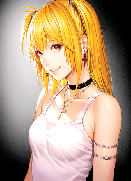 obata takeshi, masterpiece, best quality, 1girl, amane misa, bare shoulders, blonde hair, choker, cross, death note, earrings, grin, jewelry, korean commentary, looking to the side, medium hair, necklace, parted lips, red eyes, smile, solo, upper body, white background
 <lora:obata_takeshi_offset:1>