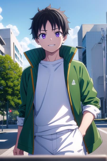 akiratendou, <lora:akira tendou s1-lora-nochekaiser:1>,
akira tendou, short hair, black hair, male focus, wide-eyed, (purple eyes:1.1), smile, grin,
BREAK shirt, jacket, white shirt, open clothes, pants, open jacket, black pants, green jacket,
BREAK outdoors, city, sun, sky, clouds,
BREAK looking at viewer, (cowboy shot:1.5),
BREAK <lyco:GoodHands-beta2:1>, (masterpiece:1.2), best quality, high resolution, unity 8k wallpaper, (illustration:0.8), (beautiful detailed eyes:1.6), extremely detailed face, perfect lighting, extremely detailed CG, (perfect hands, perfect anatomy),