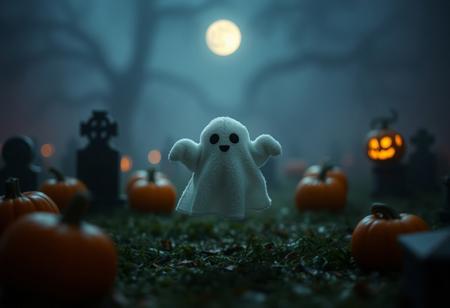 35mm photograph, film, bokeh, professional, in the graveyard floats one adorable cute plushie pumpkin shapped ghost, in moonlight, pumpkins, heavy fog, hyperrealistic, super realistic, sharp focus, 32k, (((masterpiece))) (((ultimate quality))), highiest texture resolution, photorealistic, fantasy setting, epic composition, close to camera,