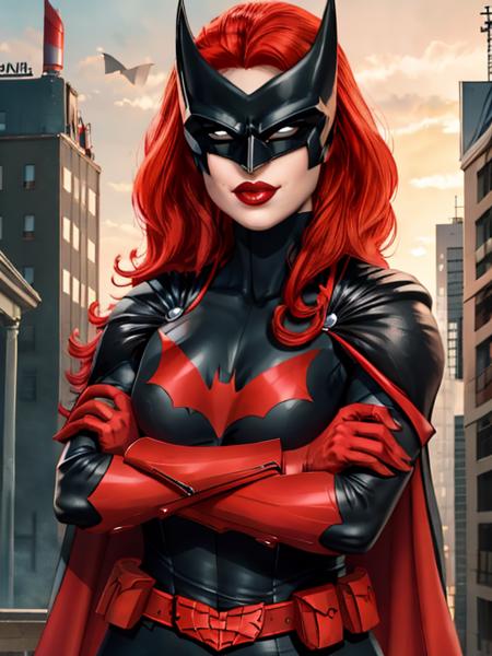 batwoman, superhero, bat print, 1girl, red hair, lipstick, mask, makeup, long hair, red lips, red gloves, black bodysuit, red lips, belt, cape, pointed arm accessory, holding microphone, forest background