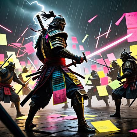 (HD, masterpiece, best quality, hyper detailed, ultra detailed, super realistic),"A dynamic battle scene featuring a samurai clad in armor made out of multicoloured jed-stickyn , clashing swords with a shadowy opponent in a storm-lit environment. Lightning flashes illuminate the battlefield, casting reflections off the shimmering armor. Add dramatic motion blur and neon streaks to emphasize the intensity of the fight.", Jed-StickyN<lora:challenge\StickyNotesStyle.safetensors:1.0:1.0>