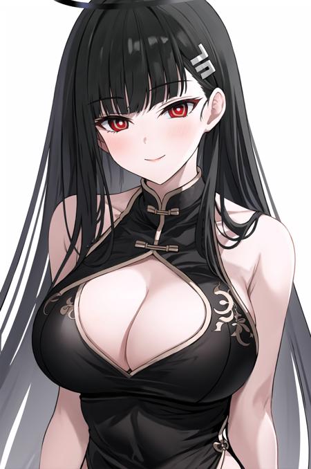 1girl,breasts,red eyes,black hair,solo,long hair,cleavage,halo,bangs,chinese clothes,smile,looking at viewer,china dress,cleavage cutout,dress,large breasts,blunt bangs,bare shoulders,upper body,hair ornament,simple background,body writing,closed mouth,clothing cutout,fur trim,sleeveless,sleeveless dress,hairclip,<lora:yuki_hf:0.7>,yuki_(asayuki101),