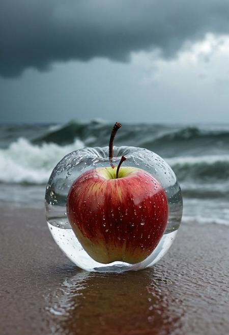 Stable_Yogis_PDXL_Positives
 Imagine a photograph capturing an extraordinary and surreal subject: a transparent apple, crystal clear and perfectly formed, revealing a highly detailed, tumultuous miniature sea raging within. The apple sits boldly in the center of the frame, its smooth, glass-like surface reflecting light and offering a window into the dynamic scene inside. Within, the stormy sea is a marvel of miniaturization - tiny waves crest and crash with realistic ferocity, and if one looks closely, minute flashes of lightning and swirls of wind can be discerned, adding to the tempest's drama. The background of the photo is intentionally simple, perhaps a soft, neutral color or a subtle gradient, ensuring that all attention is drawn to the striking contrast between the serene exterior of the apple and the wild, chaotic seascape it contains. The lighting is key, illuminating the apple in a way that highlights the intricate details of the storm inside while maintaining the overall clarity and impact of the image.