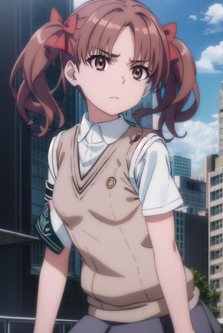 kurokoshirai, <lora:kuroko shirai s3-lora-nochekaiser:1>,
kuroko shirai, brown hair, long hair, (parted bangs:1.5), (brown eyes:1.7), ringlets, twintails, hair bow, bow, red bow, (small breasts:1.2),
BREAK armband, black skirt, collared shirt, dress shirt, pleated skirt, safety pin, school uniform, shirt, short sleeves, skirt, summer uniform, sweater vest, tokiwadai school uniform, twintails, white shirt, (brown sweater vest:1.5),
BREAK outdoor, city, sky, sun, clouds,
BREAK looking at viewer, (cowboy shot:1.5),
BREAK <lyco:GoodHands-beta2:1>, (masterpiece:1.2), best quality, high resolution, unity 8k wallpaper, (illustration:0.8), (beautiful detailed eyes:1.6), extremely detailed face, perfect lighting, extremely detailed CG, (perfect hands, perfect anatomy),