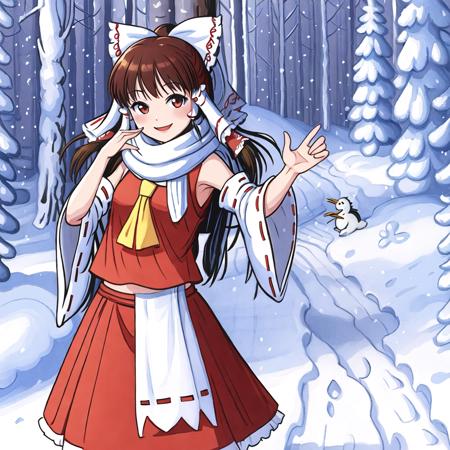 sut, award winning beautiful commission art, (masterpiece), (highest quality), cute, highly detailed, dynamic pose, anatomically correct, 5 fingers, 1girl, solo, official art, character design, concept art, highly detailed, illustration digital art, digital painting,  full body, forest, (hakurei reimu:1.2), happy, smiling, winter, snow, puffy clothes, scarf, evening <lora:suteev_v6-000012:1>