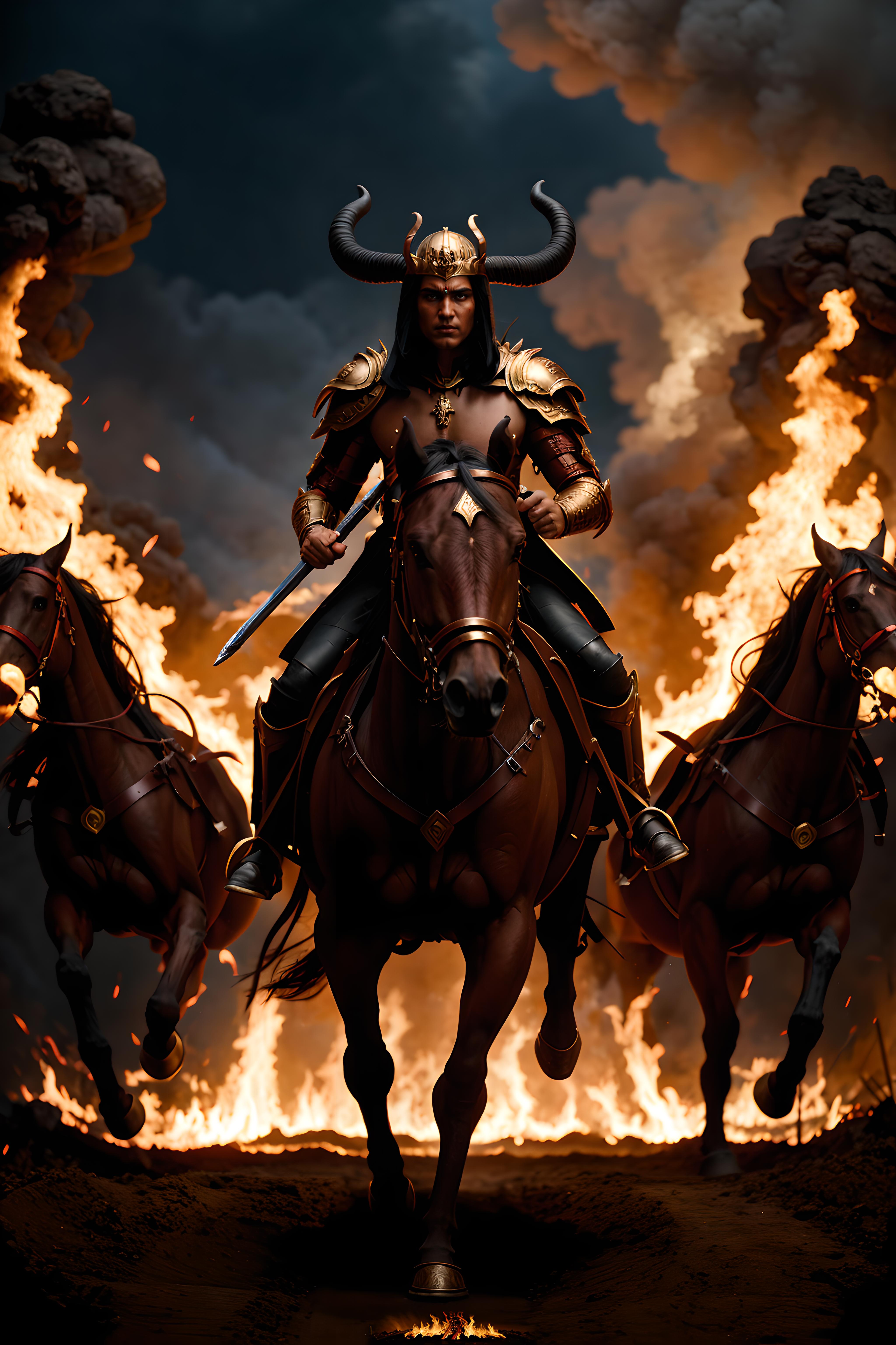 A Warrior Riding a Brown Horse with Fire in the Background