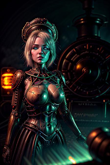 "A whimsical humanoid AI in a steampunk universe, her mechanical features crafted with brass, gears, and clockwork, delicately fused with organic materials like wood and lace. She wears a victorian-inspired dress with intricate designs, holding a glowing gear-shaped artifact. Her expression is serene, her blue eyes reflecting the light of a glowing steam engine in the background. Art style: vibrant and detailed, with warm metallic tones and vintage aesthetics.
NEG_EMBED_STABLE_YOGI_V3, cyberg1gerng, cyberg1gerng face,