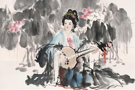 Chinese ink painting, bundled hair, hair accessories, blue Hanfu, red lips, blush, playing pipa, <lora:Chinese_INK_painting_V1:1>