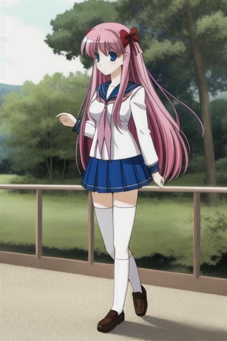 Nodoka <lora:ANIME_Saki_Characters:0.6> <lora:ANIME_beautifulDetailedEyes_v10:0.4>, 1girl, school uniform, long pink hair, walking in a forest