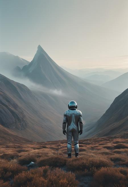 (Minimalist wide angle movie still), man in a futuristic suit, mountains, north nature, muted tones, warm light, cold colors, low contrast, foggy