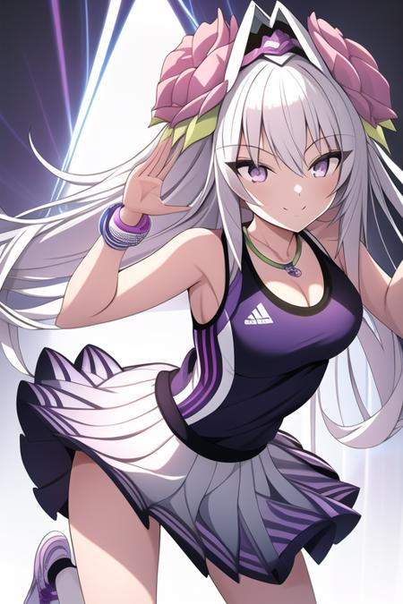 Girl,Flower,Dress,Wins,Bracelet,Jewelry,Smile,Crow,Bangs,Purple eyes,White hair,(Sportswear),Without wins,,