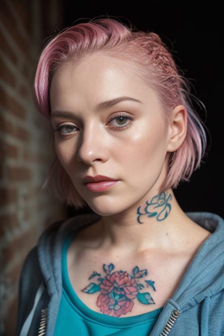 (close-up editorial photo of 20 yo woman, wearing hoodie, looking at viewer, pink hair, solo, tattoo on face, upper body, detailed background, town, alley) (standing:1.2) (dim lit room:1.4)  <lora:epiNoiseoffset_v2:1.2>, POV, by lee jeffries, nikon d850, film stock photograph ,4 kodak portra 400 ,camera f1.6 lens ,rich colors ,hyper realistic ,lifelike texture, dramatic lighting , cinestill 800,