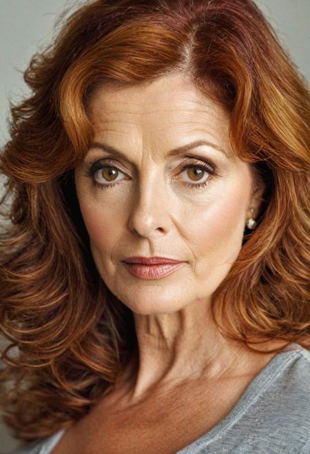 cinematic film still, ((professional photography)), ((masterpiece)), (((photorealism))), perfect focus, centered, medium shot of beautiful, mature, long-haired,  busty, well-endowed, Susan Sarandon looking to camera, (wearing tight T-shirt reading "GILF UNIVERSITY":1.3), (tight jeans:1.3), (very well-endowed:1.3), ((very long auburn hair:1.3)), natural skin, professional makeup, glossy lipstick, (soft, warm studio lighting:1.3), professional photography, Nikon 35mm lens, bokeh, diffused light