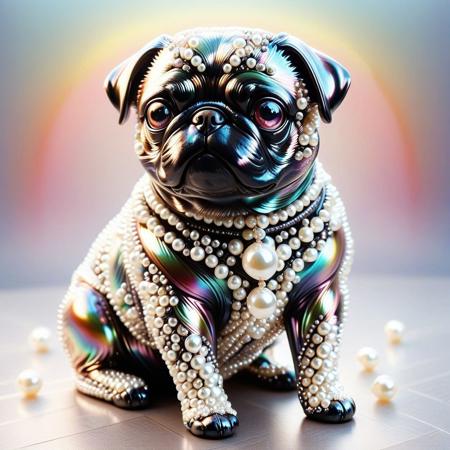 lazympos, depth of field, hyperrealistic, masterpiece, Intricate Design, Pearlum,
a colourful pug statue made of metal, reflective metal, statue made of pearls, rainbow theme