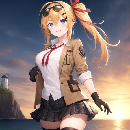 ((masterpiece)),(best quality),official art,extremely detailed CG,unity 8k wallpaper,ultra detailed,A lighthouse on a cliff by the sea,1girl,solo,cowboy shot,kalina (girls frontline),ahoge,bangs,white shirt,side ponytail,breast pocket,blonde hair,red ribbon,blue eyes,brown footwear,high heel boots,hair ribbon,large breasts,x hair ornament,gloves,pleated skirt,hair between eyes,brown jacket,long hair,looking at viewer,mismatched thighhighs,smile,striped thighhighs,plaid skirt,sunglasses on head,<lora:Kalina-V1(gf)>,