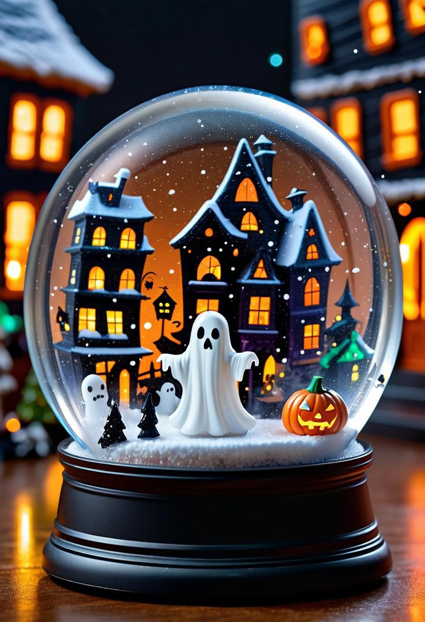 A snow globe where inside the snow globe is Halloween and instead of snow there’s little ghosts floating around in a dark city with Halloween decorations everywhere