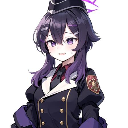 haruka, 1girl, halo:1, short hair with long locks
military school uniform, hairclip, purple jacket, red shirt, collared shirt, juliet sleeves, garrison cap, black necktie
nervous smile, nervous, sweat, [open mouth:wavy mouth:0.5]
upper body, (simple background, white background:1.4), <lora:chara-haruka-v1b-32:1>