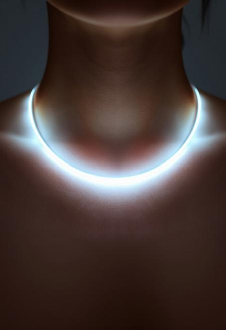 subdermal LED bar necklace, (internal LED glow:1.7), (embedded LEDs:1.8) forming a sleek, horizontal line of glowing light beneath the skin across the collarbone, soft light radiating outward from the center, (horizontal glowing line:1.6) following the natural curve of the body, smooth light diffusion, (natural skin tone:1.5), high-definition, (ultra-realistic skin texture:1.8), seamless light transitions beneath the skin, (no visible jewelry:1.8), (worn necklace:-1.8), (chains:-1.8), radiant horizontal light band under the skin, minimalist yet modern, perfect for casual and formal wear