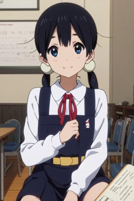 tamako market anime lineart, 1girl, tamako kitashirakawa, blue eyes, black hair, hair between eyes, twin tails, bands, blue school uniform, dark blue pinafore dress with four black buttons, white shirt, thin red bow, wide straps on shoulders, belt on waist, siting on chair, inside of classrom, looking at viewer, happy face