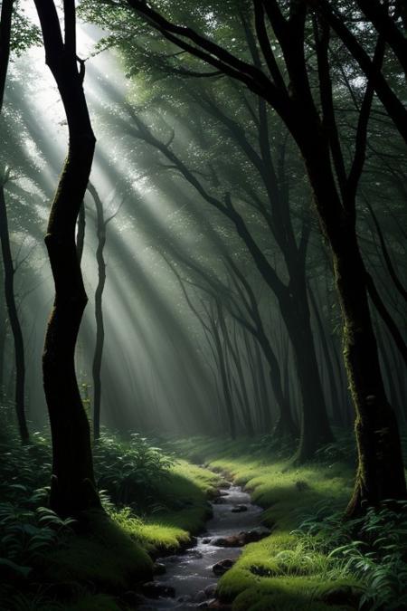 A mystical enchanted forest at dawn, with tall, twisted trees covered in glowing moss and vines. Rays of sunlight pierce through the thick canopy, illuminating small, sparkling streams and patches of colorful, luminescent flowers. The atmosphere is serene and magical