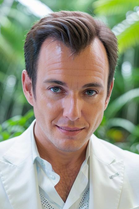 a man in a $3000 white suit <lora:willArnett:1> in a jungle paradise, RAW, 8K, UHD, candid, amateur, close up, ((thinking he made a big mistake)), ((smirking))