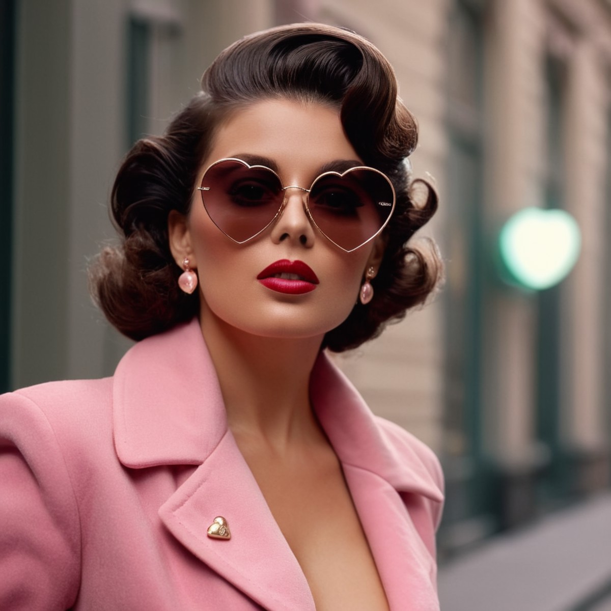 UHD, 4k, ultra detailed, cinematic, a photograph of  <lora:Retro Fashion style:1>
a woman with a pink jacket and sunglasse...