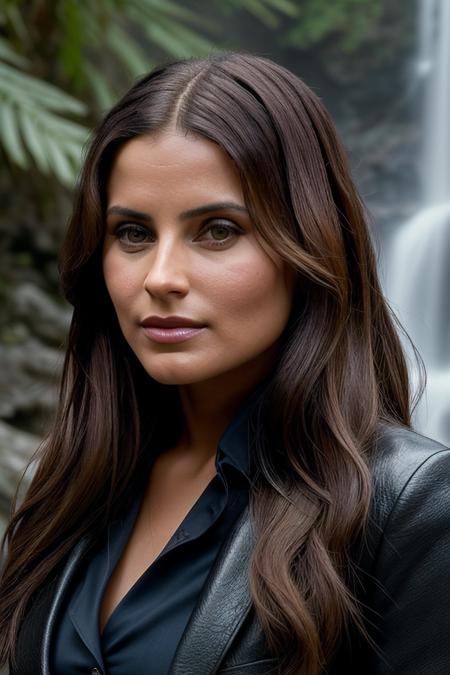 beautiful woman (EPN3llyFurt4d0:.99),(masterpierce, photorealistic, best quality, 8k, dslr, absurdres,award winning photo, extremely detailed, amazing, fine detail, extremely detailed eyes and face),Closeup portrait of a classy woman, looking at viewer, wearing suit, in waterfall, standing,