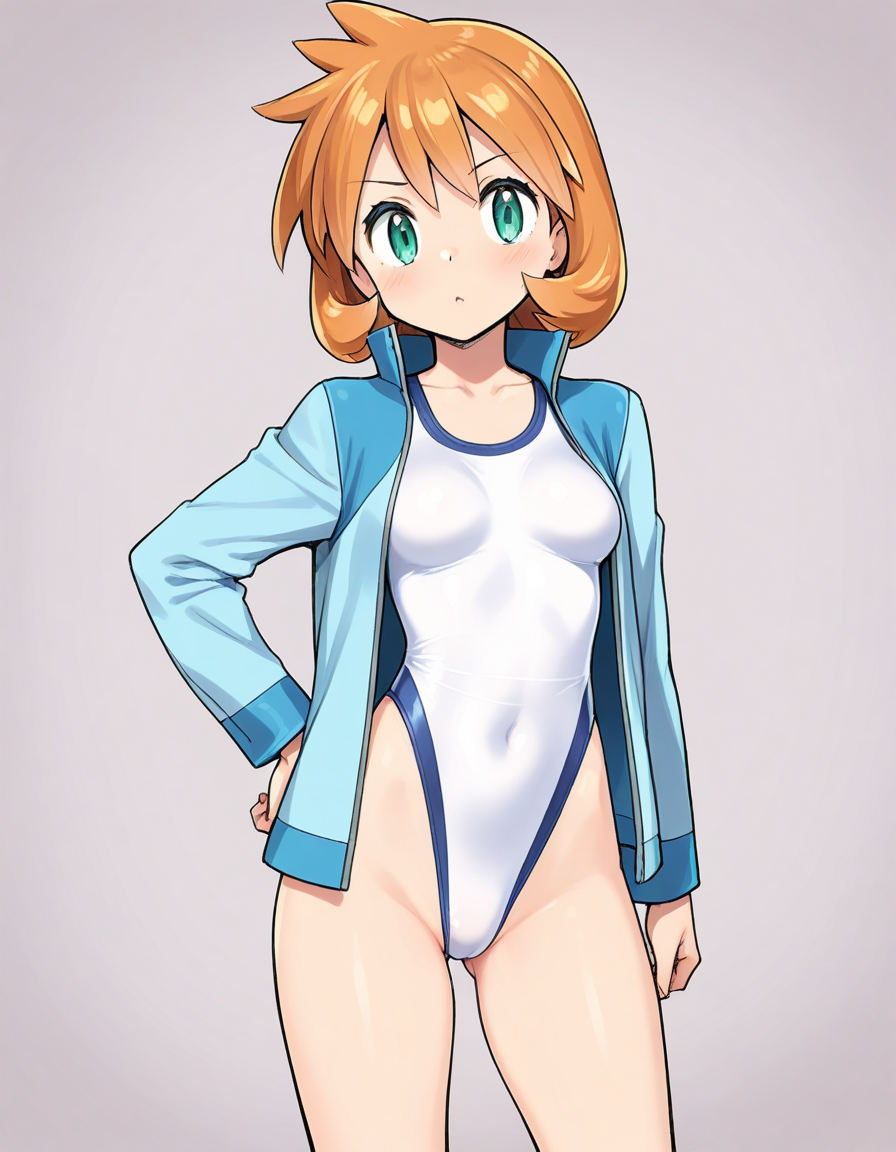 A young woman with short, red hair and teal eyes wearing a white one-piece swimsuit with blue trim. Over the swimsuit, she has a light blue jacket with a high collar. The background is a simple, light pink, ensuring that the focus remains on the character. 