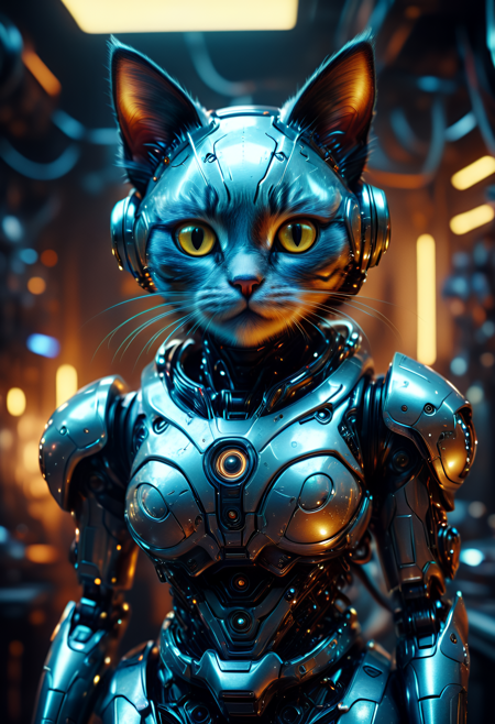 a robot cat girl, highly detailed, Futuristic, technological, bizarre, fantastical, unsettling, 8K, film grain, dramatic lighting, RAW photo,