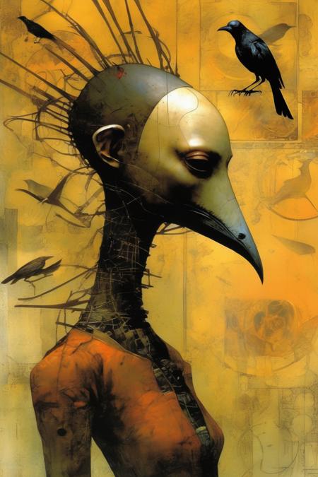 <lora:Dave McKean Style:1>Dave McKean Style - PROMPT or translation and artificial processing from the style of Dave McKean memorable cover illustrations and cover of #1 Art Ex Machina Volume 001 Cover Art By Dave McKean mix of many of them according to and a painted crow_and a fox_ Midjourney_masterpiece_