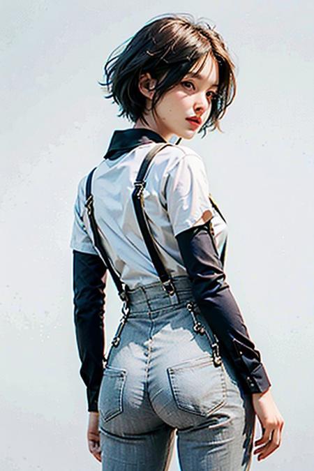 best quality, (photorealistic:1.4), 1girl, (black shirt:1.2),  (grey long pants:1.2),(white suspenders:1.4), perfect female figure, full body, from back, white background, short hair, slim