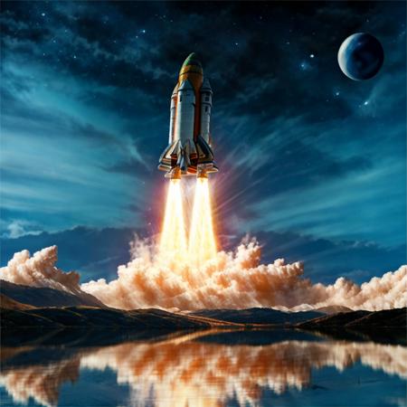 Rocket, reflection, lake, water, space, planet, no humans, ground vehicle, cloud, sky, flying, star_\(sky\), city, science fiction , super-reaslitic, 8k, best quality, moon,  <lora:rocketStart:0.95>
