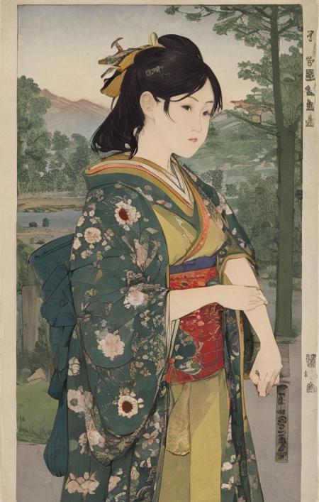 masterpiece,best quality,1girl,solo,cow-boy shot,kimono,forest,
 <lora:ukiyo-e2-000014:1>