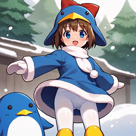 ecoco, brown hair, short hair, blue eyes, blue hat, animal hat, red bow,  winter clothes, long sleeves, white scarf, white pantyhose, mittens, boots bird, penguin